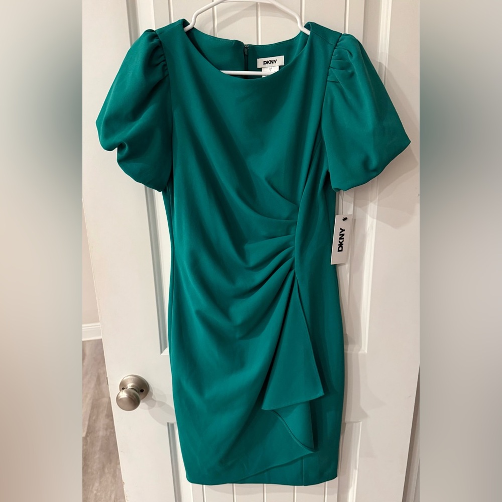 DKNY Emerald Green Puff Sleeve Ruched Dress Size 4 NWT
